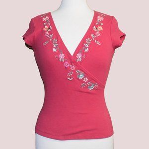Vintage Express Y2K Pink Embroidered Wrap Top - Size S